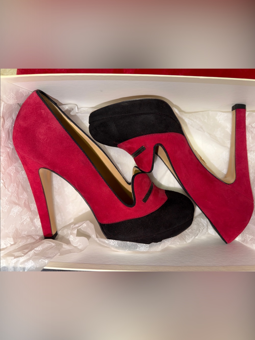 Charlotte Olympia Two-Tone Pink and Black Suede Round Pointed Toe Pumps